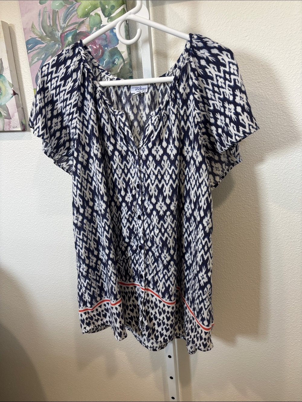 Indigo Navy and White Printed V-Neck Tunic with Coral Trim